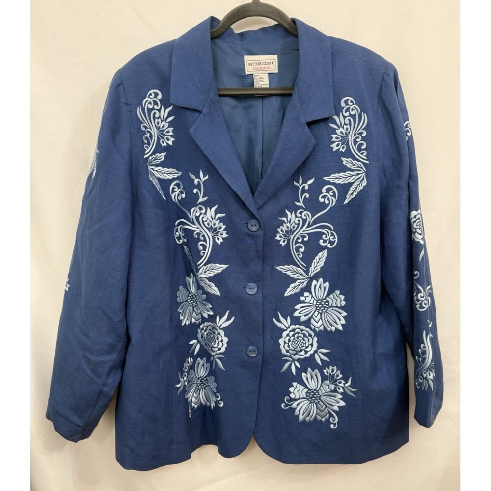 Victor Costa Occasions Blue Floral Embroidered Jacket Blazer Linen Blend Size 1X